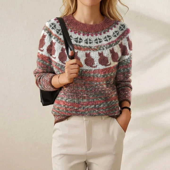 Cotton Sweater with Cats Nordic Pattern