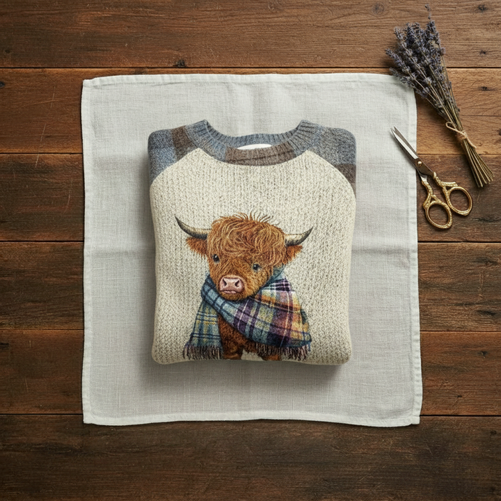 Cotton Sweater Light Blue & Cream with Highland Cow Pattern