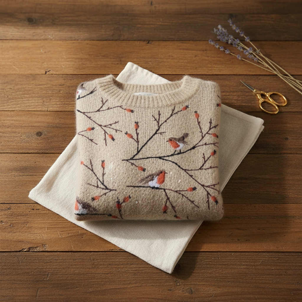 Cotton Sweater Cream with Robin & Branches Pattern