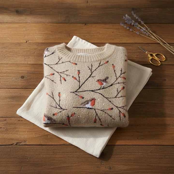 Cotton Sweater Cream with Robin & Branches Pattern